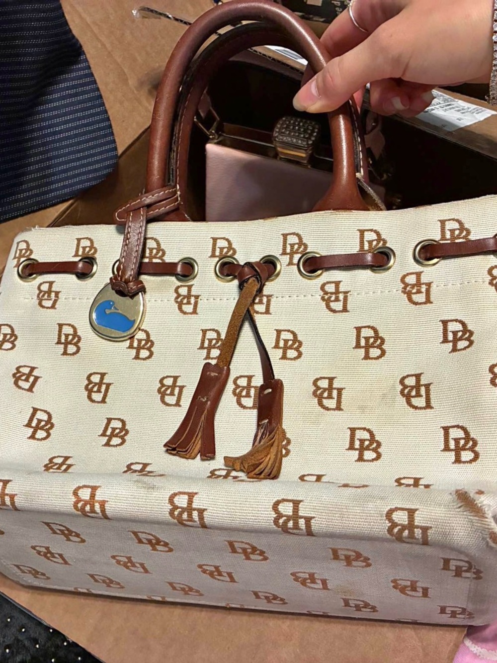 Dooney & Bourke Cream Canvas Satchel with Brown Leather Trim